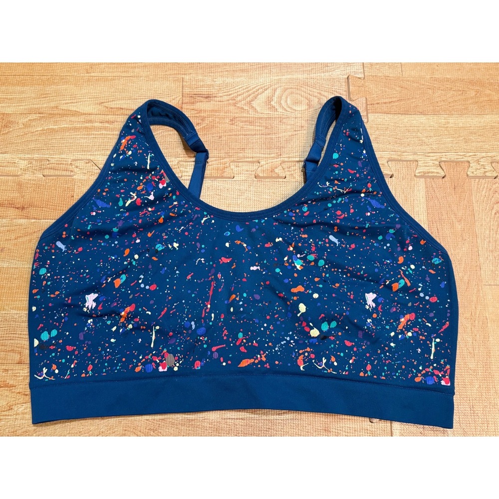 Cacique Bralette 26/28 Teal Paint Splatter Rainbow Lace Back Wireless Bra